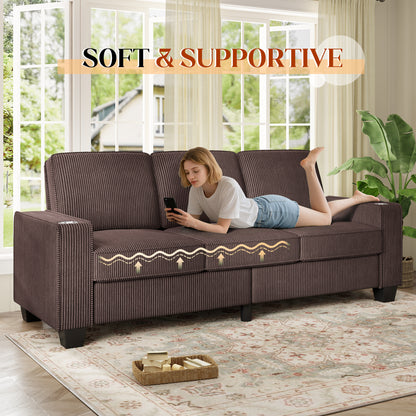 FFH 83.5" Living Room Sofa with Cup Holders, Cozy Plush Upholstered Couch, Corduroy Sofa 3-Seater, Brown