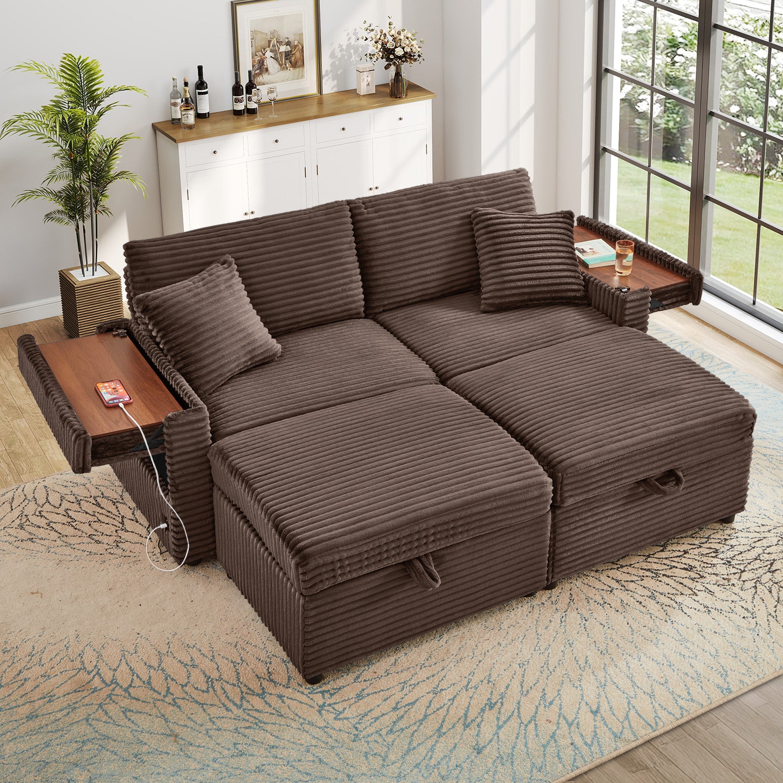 FFH Loveseat Sectional Sofa with 2 Storage Ottomans, Modular Cloud Couch with 2 Side Tables &amp; USB, Plush Double Chaise Lounge Sofa Bed Indoor, Brown Corduroy