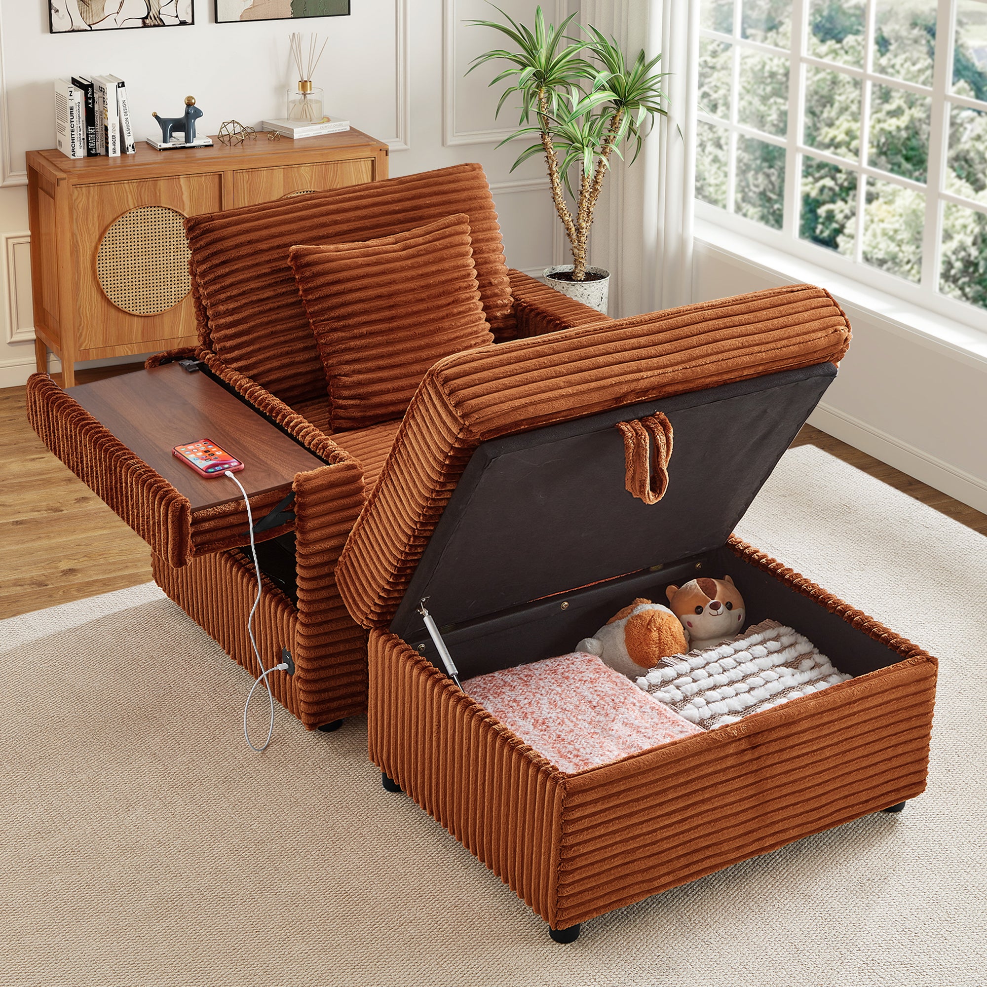 FFH Accent Chair with Storage Ottoman &amp; Side Table, Cozy Lounge Chair with USB, Modern Single Sofa Armchair for Living Room, Orange Corduroy