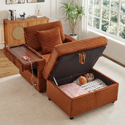 FFH Accent Chair with Storage Ottoman &amp; Side Table, Cozy Lounge Chair with USB, Modern Single Sofa Armchair for Living Room, Orange Corduroy