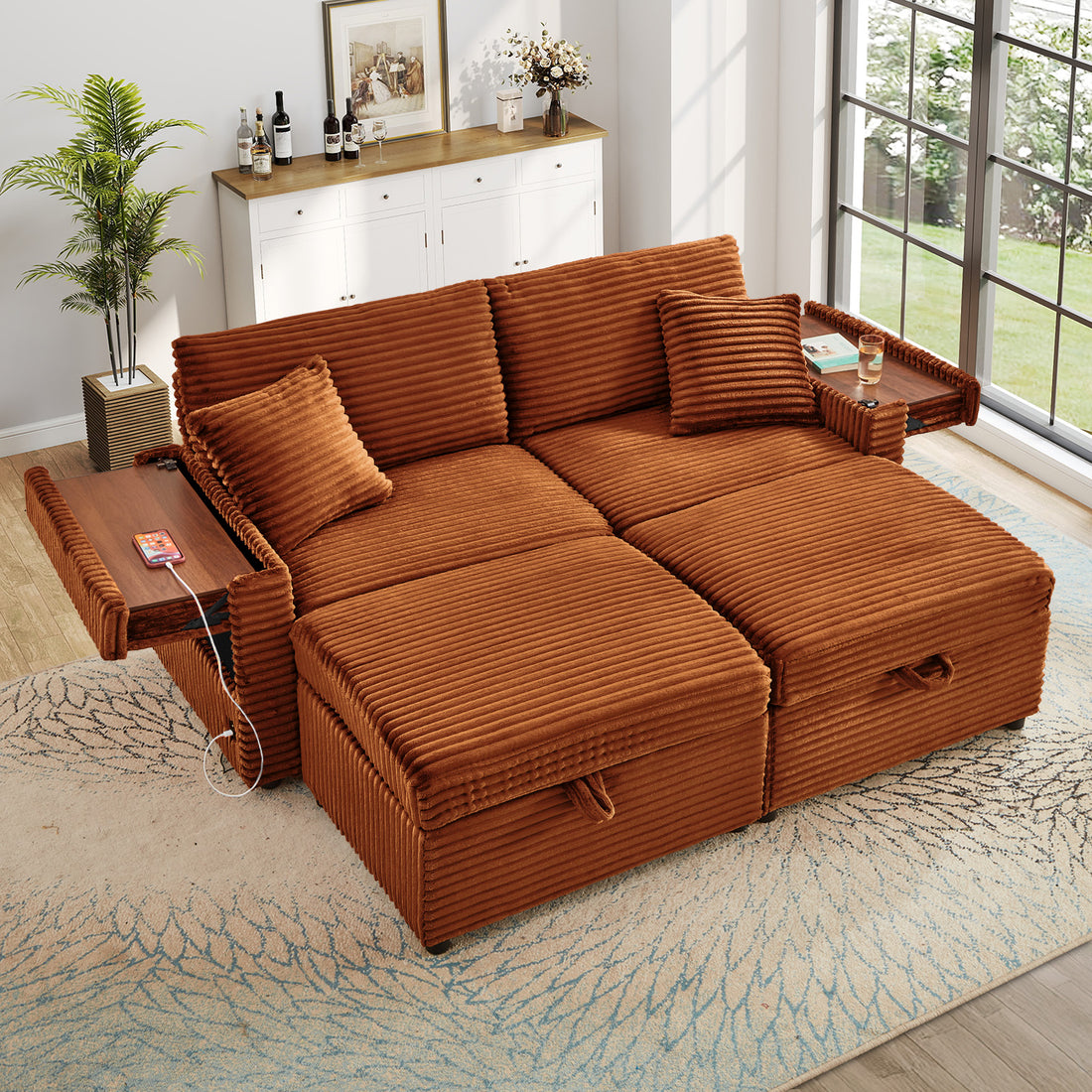 FFH Loveseat Sectional Sofa with 2 Storage Ottomans, Modular Cloud Couch with 2 Side Tables &amp; USB, Plush Double Chaise Lounge Sofa Bed Indoor, Orange Corduroy