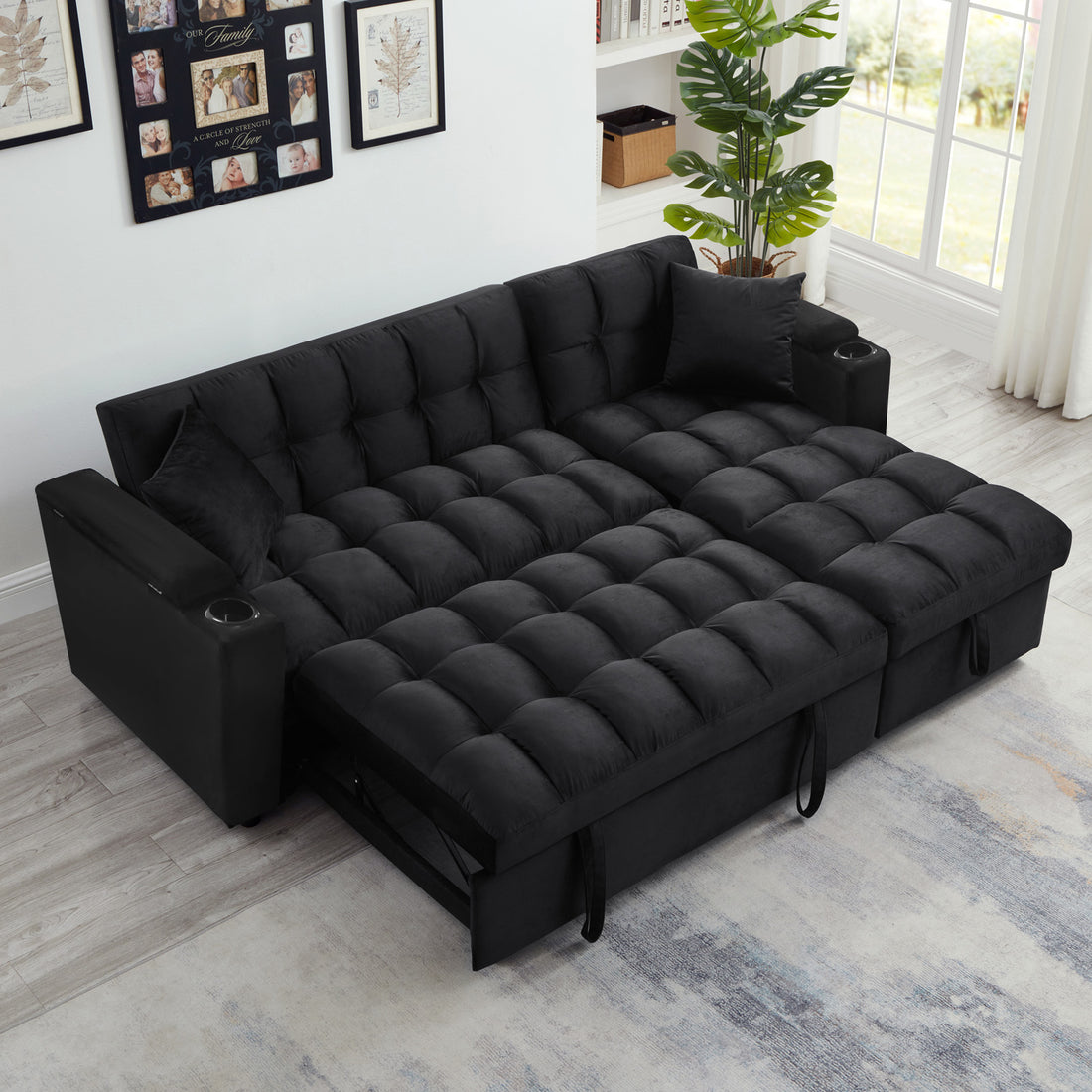 FFH Convertible Sleeper Sofa with Storage Armrests, USB, Cup Holders, L-Shaped Sectional Sofa with Storage Chaise, Pull Out Sofa Bed in Black Velvet