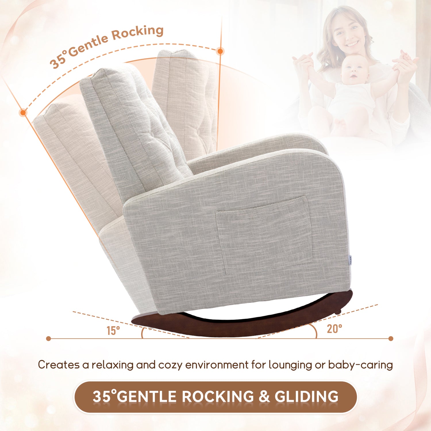 FFH Glider Rocker for Living Room, Rocking Chair for Nursery, Tufted High Back, Light Gray Linen