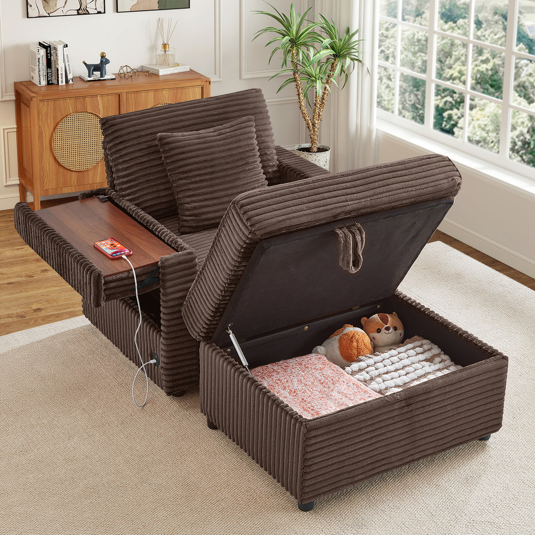 FFH Accent Chair with Storage Ottoman &amp; Side Table, Cozy Lounge Chair with USB, Modern Single Sofa Armchair for Living Room, Brown Corduroy