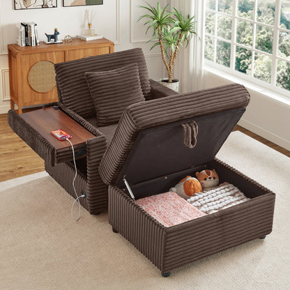 FFH Accent Chair with Storage Ottoman &amp; Side Table, Cozy Lounge Chair with USB, Modern Single Sofa Armchair for Living Room, Brown Corduroy