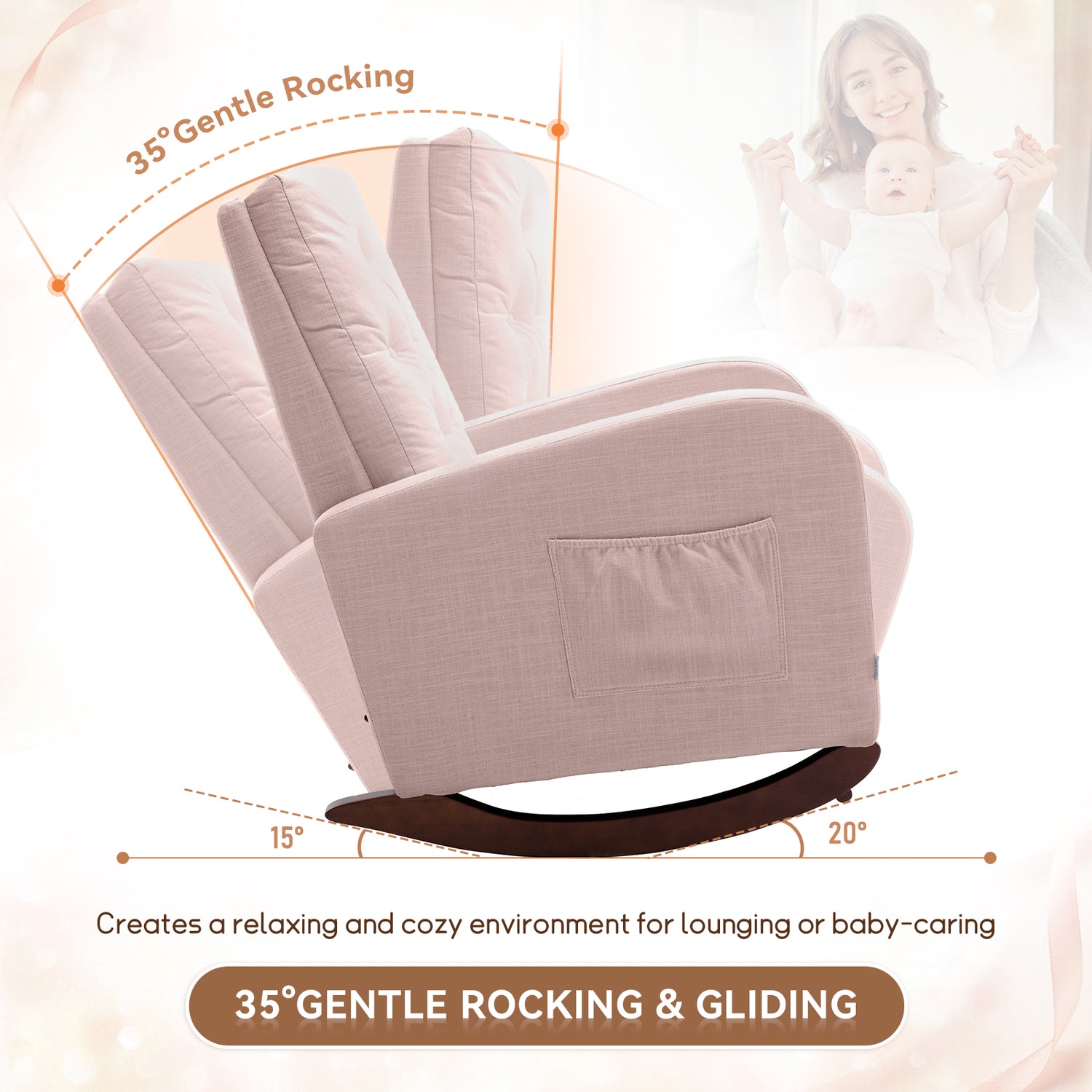 FFH Glider Rocker for Living Room, Rocking Chair for Nursery, Tufted High Back, Pink Linen