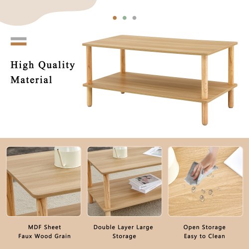 FFH Modern 2-Tier Coffee Table for Living Room Furniture,40 Inch Rectangular Center Table with Open Storage Shelf,Rounded Rubberwood legs,Stable and Durable,Easy Assembly