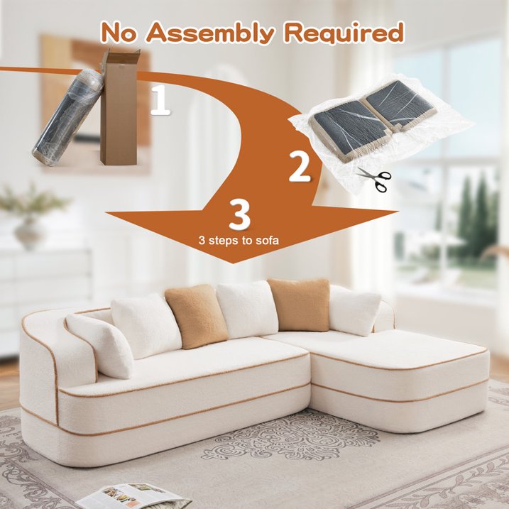 FFH 106" Cloud Sectional Couch, Modern Modular Sofa with L-Shape Chaise, Teddy Sofa for Living Room, No Assembly Required (White, Right Chaise)