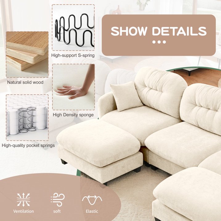 FFH Loveseat Sofa, 74" Cloud Sectional Couches for Living Room, Tufted 2-Seat Chenille Sofa with 2 Pillows, Wooden Base, Beige