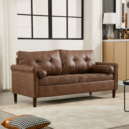 FFH 64.5 Inch Faux Leather Loveseat, 2 Seater Loveseat Sofa Couch for Living Room, Brown