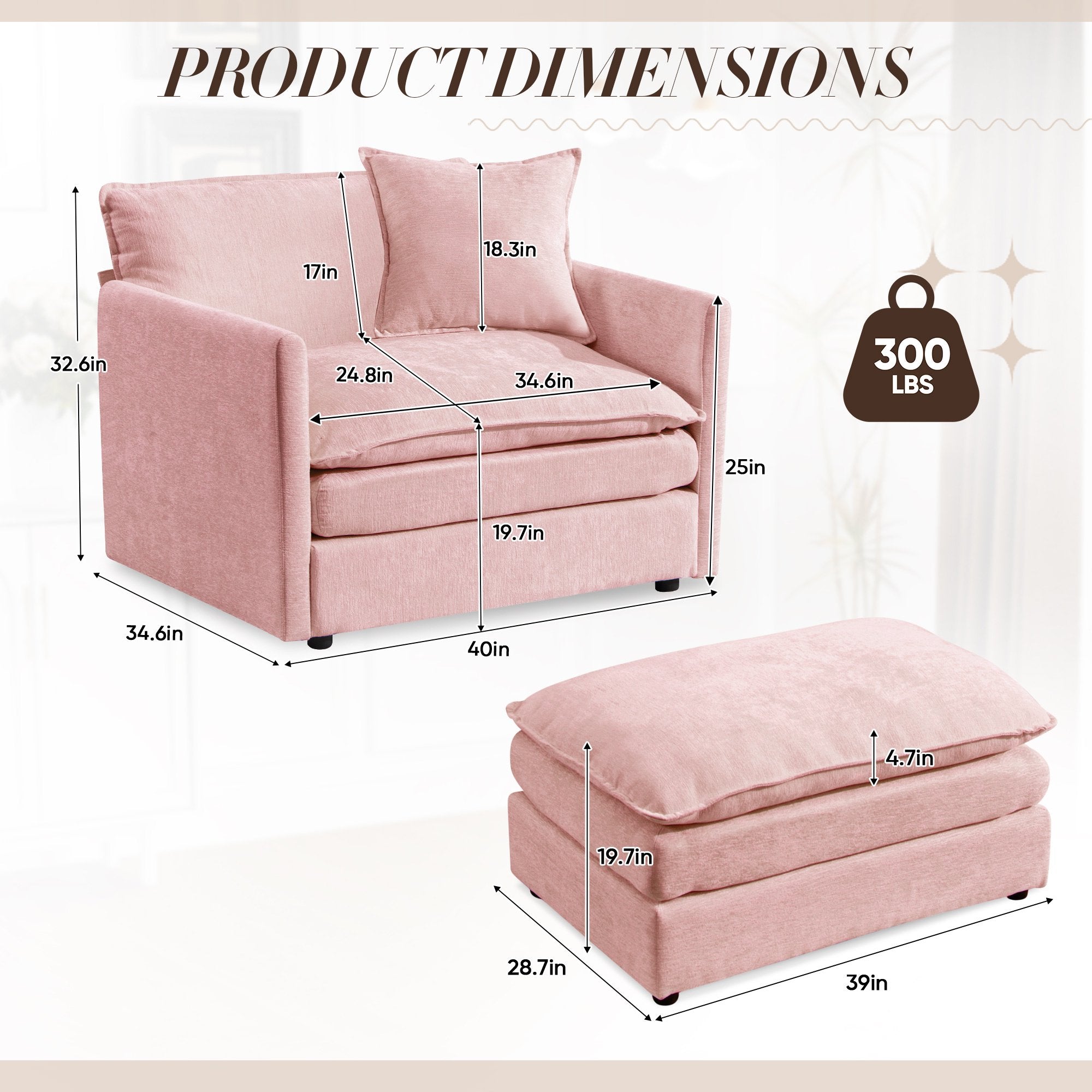 FFH Oversized Lounge Chair with Ottoman, Plush Cloud Accent Armchair for Living Room, Bedroom, Pink Chenille