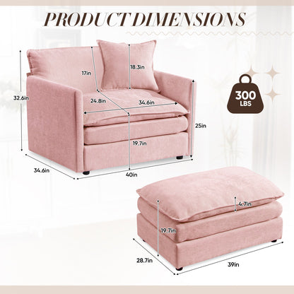 FFH Oversized Lounge Chair with Ottoman, Plush Cloud Accent Armchair for Living Room, Bedroom, Pink Chenille