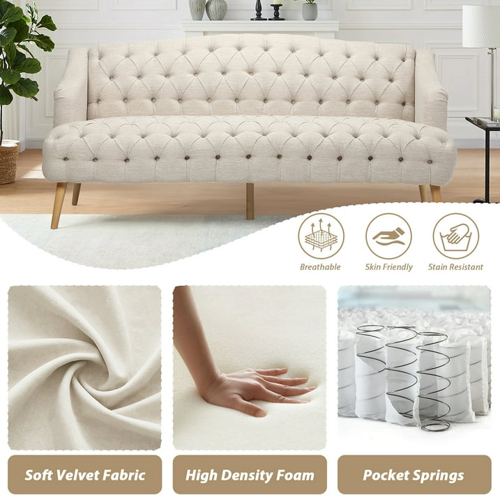 FFH 3-Seater Velvet Lounge Sofa with Tufted Backrest &amp; Deep Seat Cushion, Comfy Upholstered Couch with Wood Legs, 73.25&quot;*33.25&quot;*32.5&quot;