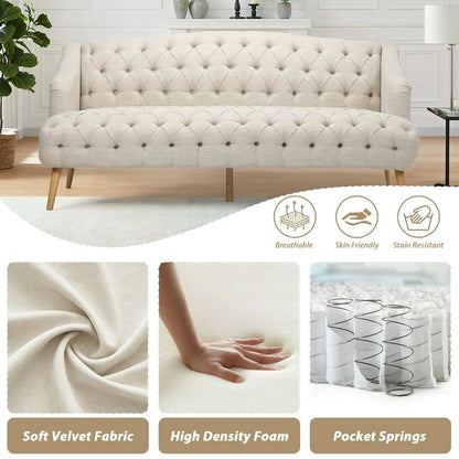 FFH 3-Seater Velvet Lounge Sofa with Tufted Backrest &amp; Deep Seat Cushion, Comfy Upholstered Couch with Wood Legs, 73.25&quot;*33.25&quot;*32.5&quot;