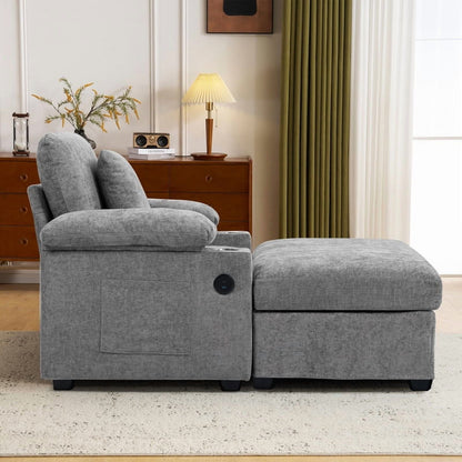 FFH Accent Chair, Modern Oversized Chair with Ottoman, Chenille Comfy Sofa Bed with Cup Holders, Charging Ports and Storage Space