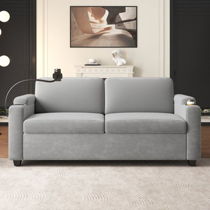 FFH Convertible Pull Out Sofa with USB Ports &amp; Phone Holder, Upholstered Corduroy Sleeper Sofa with Side Pockets and Cup Holders, Loveseat Lounge Couch for Living Room