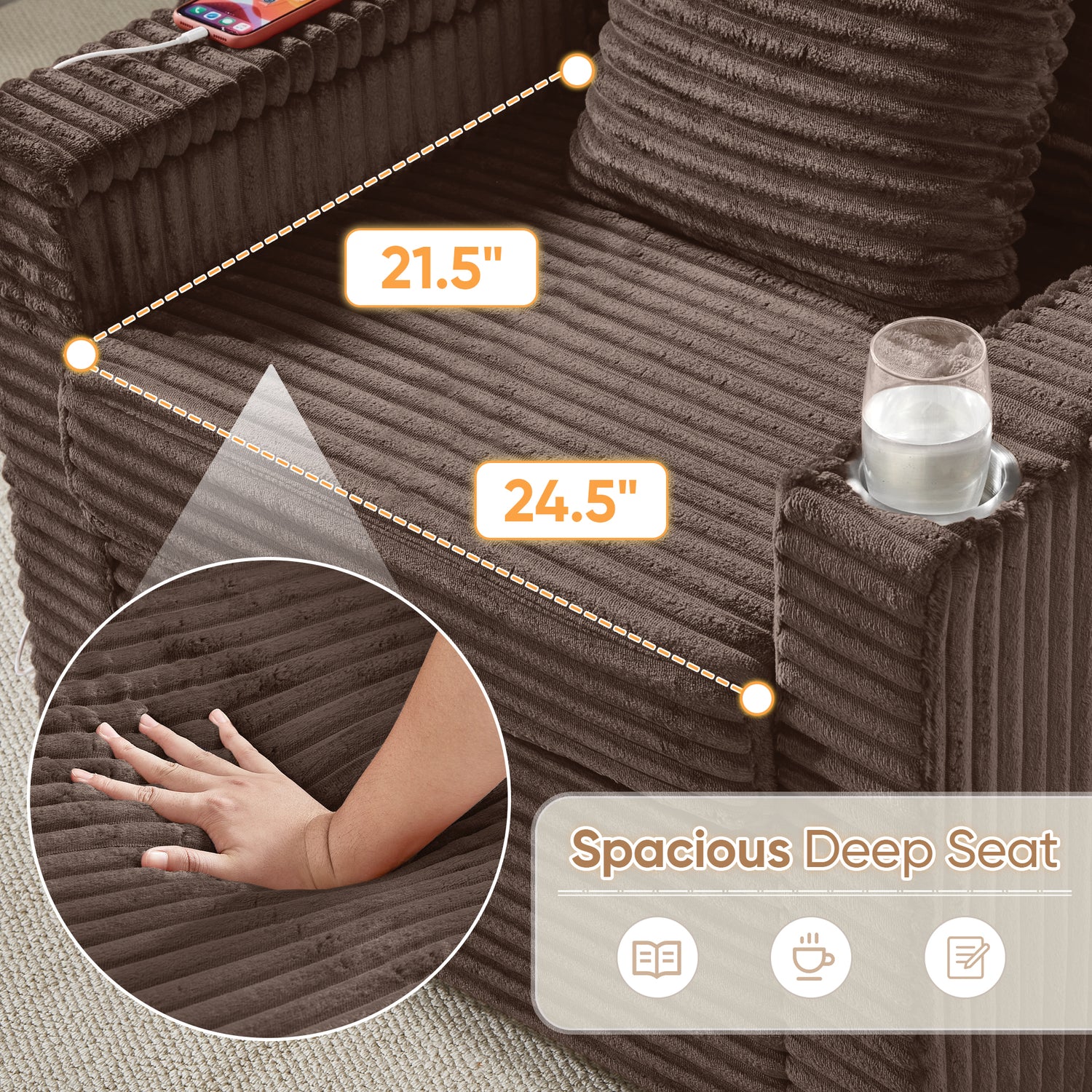 FFH Accent Chair with Storage Ottoman &amp; Side Table, Cozy Lounge Chair with USB, Modern Single Sofa Armchair for Living Room, Brown Corduroy