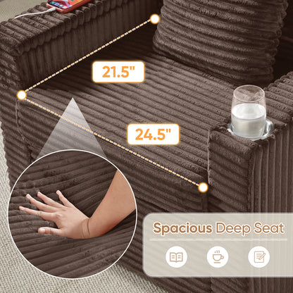 FFH Accent Chair with Storage Ottoman &amp; Side Table, Cozy Lounge Chair with USB, Modern Single Sofa Armchair for Living Room, Brown Corduroy