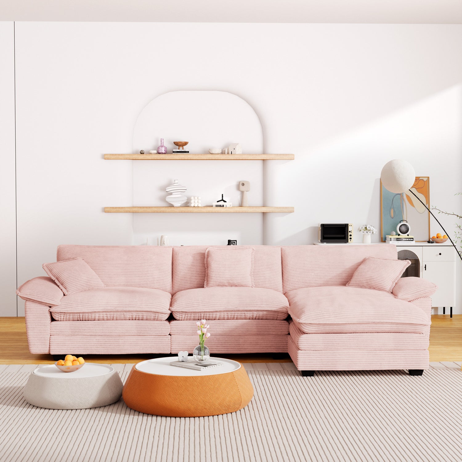FFH Modular Sectional Cloud Couch with Ottoman, Oversized L-Shaped Corduroy Sofa for Living Room, Pink
