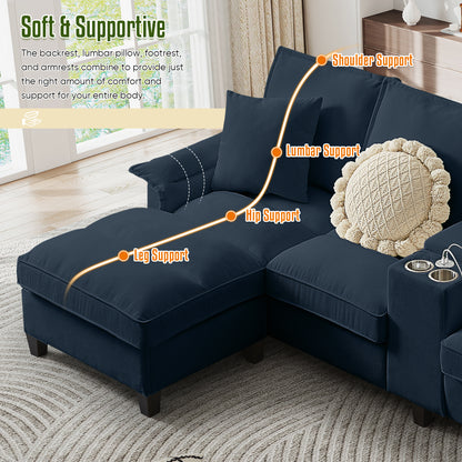 FFH 120" U-Shaped Sectional Sofa with USB &amp; Storage, Living Room 4-Seater Couch with Double Chaise Lounge, Cup Holders, Blue Corduroy