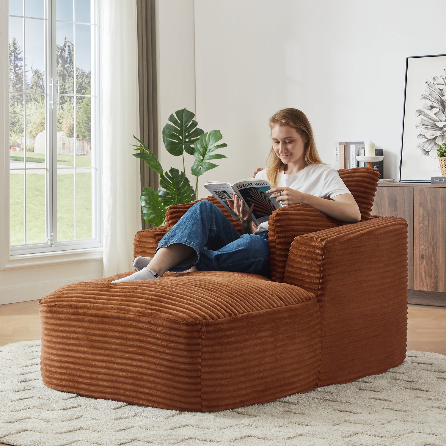 FFH Chaise Lounge Indoor, Cozy Lounge Chair Sleeper Sofa for Adults, No Assembly Required, Orange Corduroy