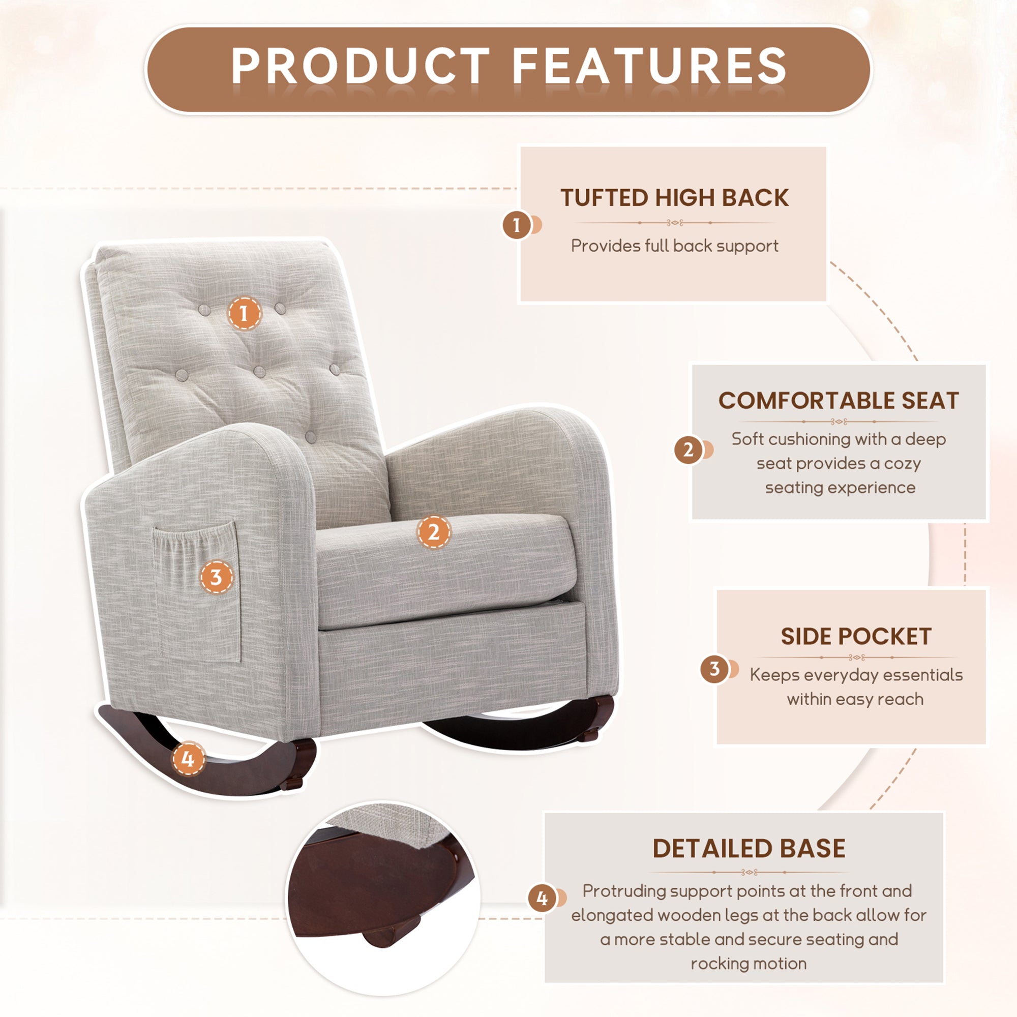 FFH Glider Rocker for Living Room, Rocking Chair for Nursery, Tufted High Back, Light Gray Linen