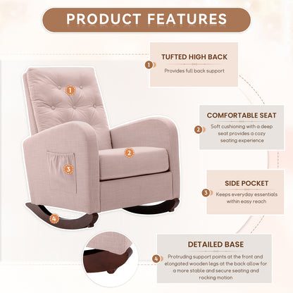 FFH Glider Rocker for Living Room, Rocking Chair for Nursery, Tufted High Back, Pink Linen