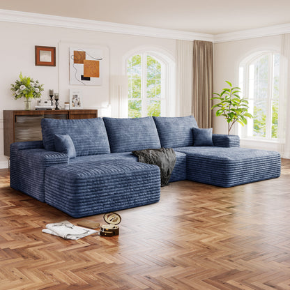 FFH 107" Cloud Sectional Sofa with Right Chaise, Cozy U-Shaped Modular Sofa with Ottoman, Plush Corduroy Sleeper Bed Couch, No Assembly Required, Blue