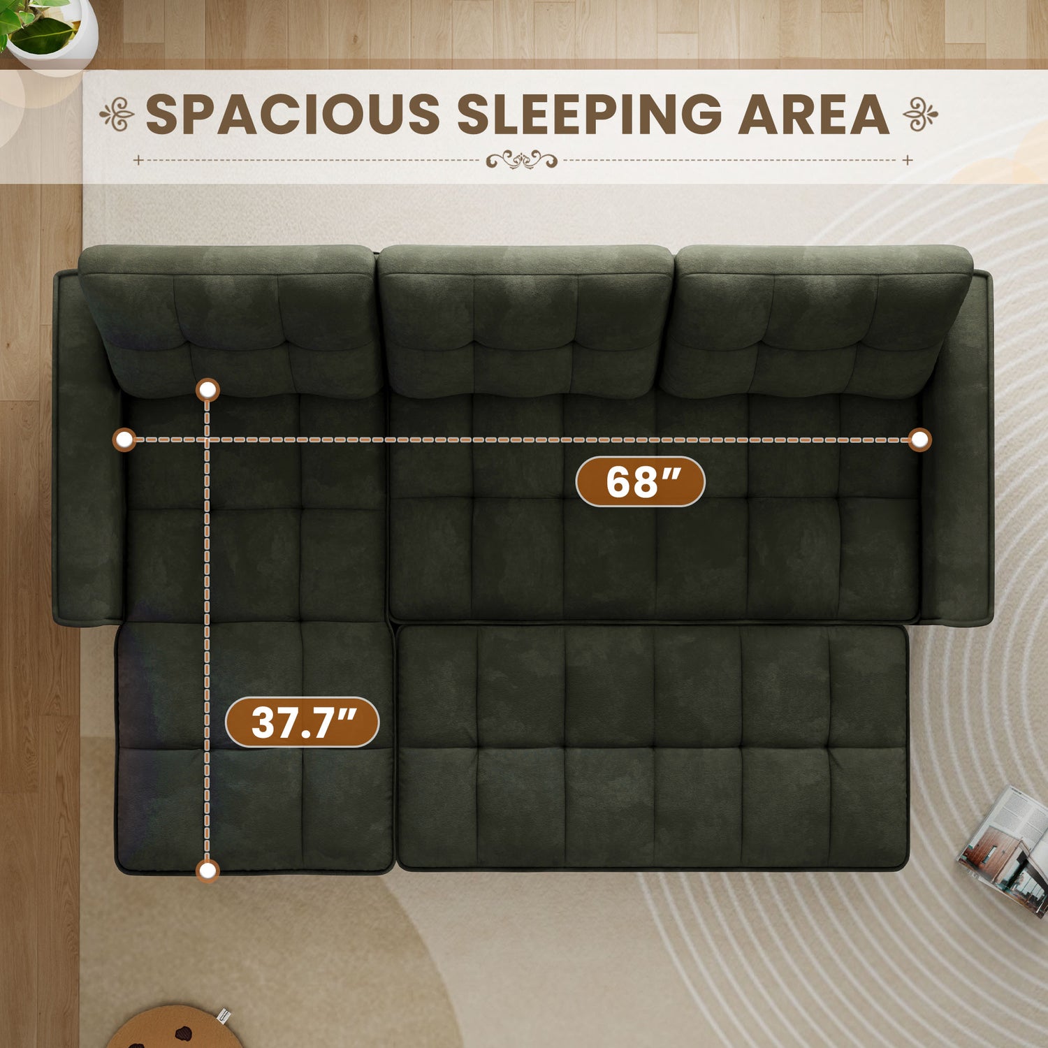 FFH Convertible Sofa Bed, Sectional Sleeper Sofa with Storage Chaise, L-Shaped Couch for Living Room, Green Chenille