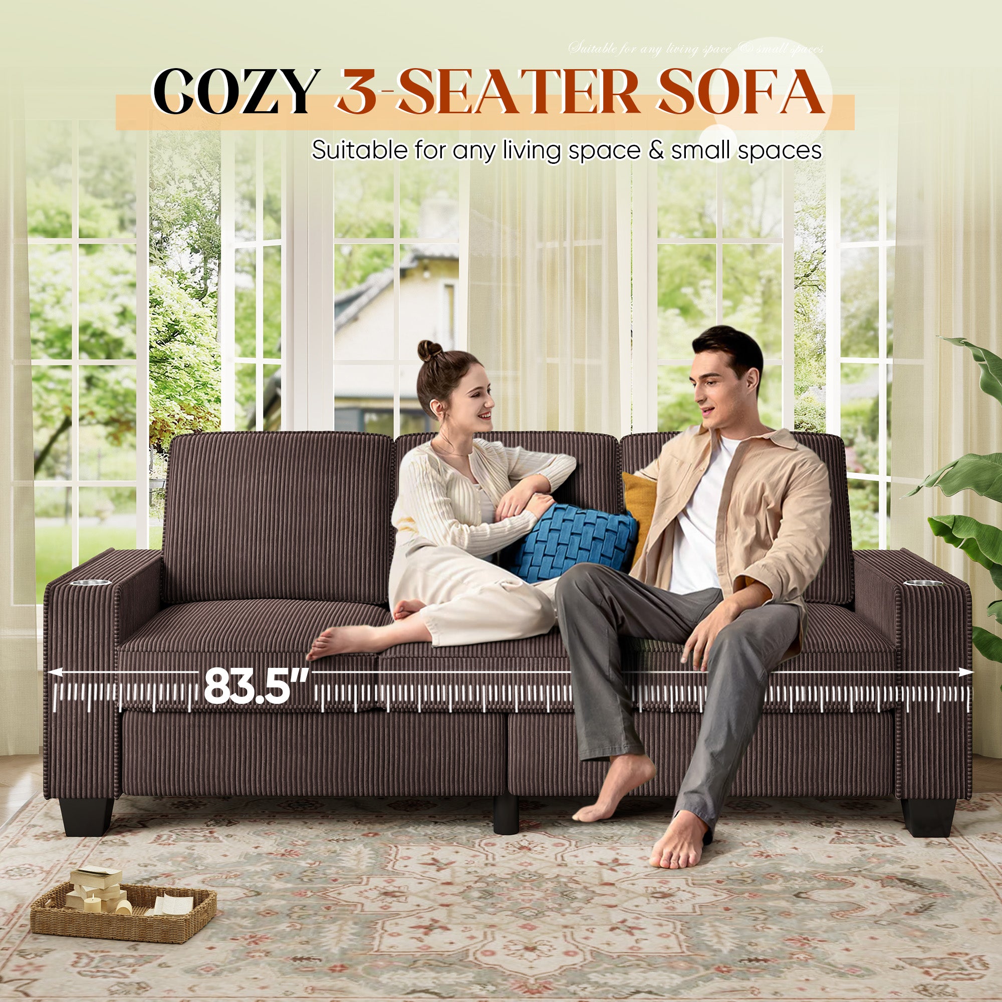 FFH 83.5" Living Room Sofa with Cup Holders, Cozy Plush Upholstered Couch, Corduroy Sofa 3-Seater, Brown