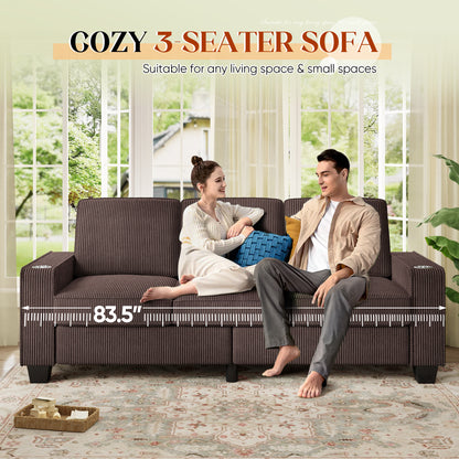 FFH 83.5" Living Room Sofa with Cup Holders, Cozy Plush Upholstered Couch, Corduroy Sofa 3-Seater, Brown