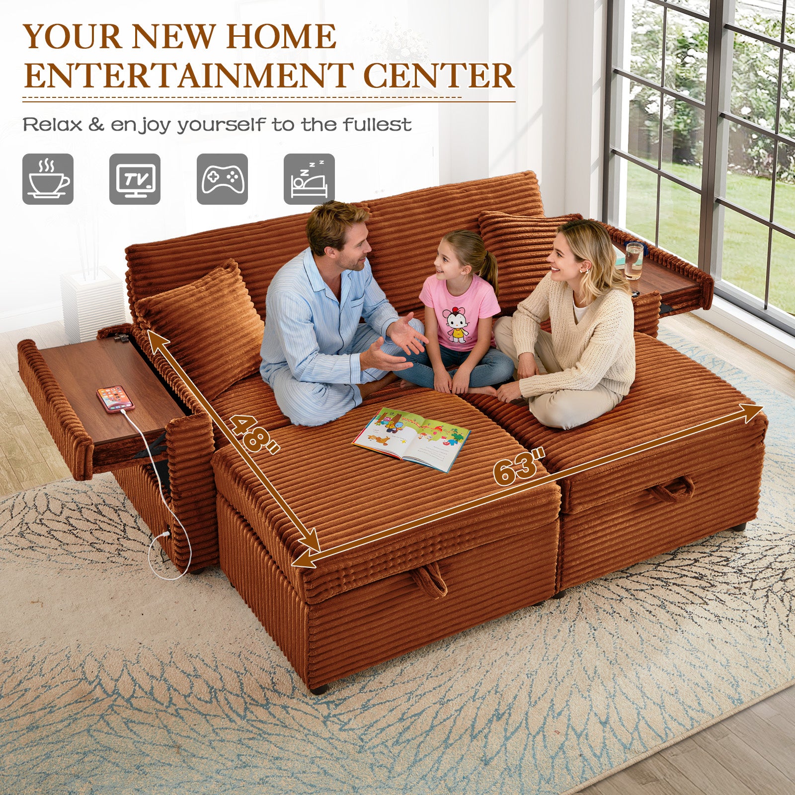 FFH Loveseat Sectional Sofa with 2 Storage Ottomans, Modular Cloud Couch with 2 Side Tables &amp; USB, Plush Double Chaise Lounge Sofa Bed Indoor, Orange Corduroy