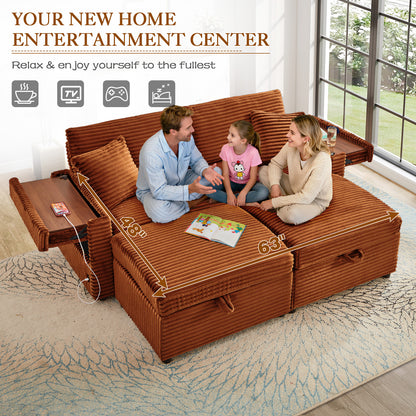 FFH Loveseat Sectional Sofa with 2 Storage Ottomans, Modular Cloud Couch with 2 Side Tables &amp; USB, Plush Double Chaise Lounge Sofa Bed Indoor, Orange Corduroy