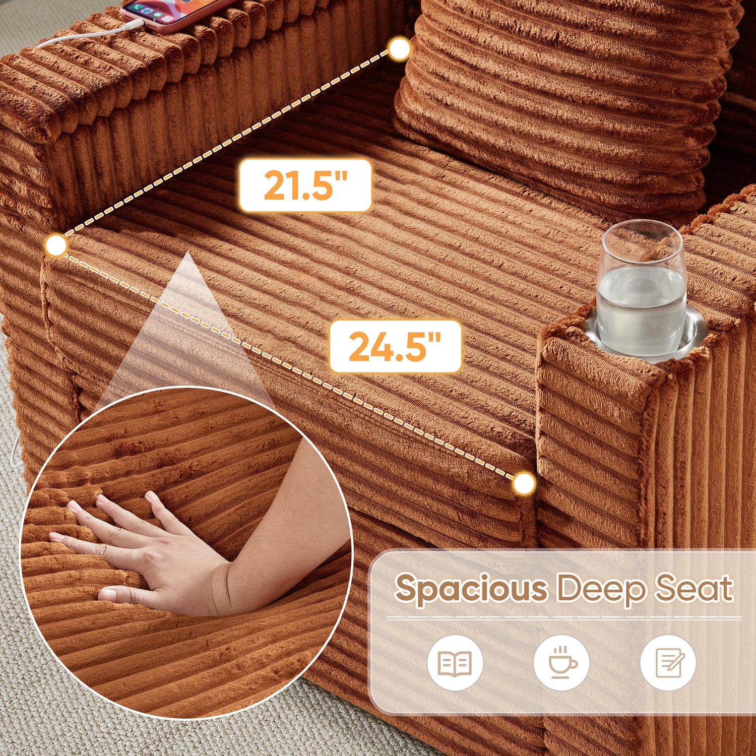 FFH Accent Chair with Storage Ottoman &amp; Side Table, Cozy Lounge Chair with USB, Modern Single Sofa Armchair for Living Room, Orange Corduroy