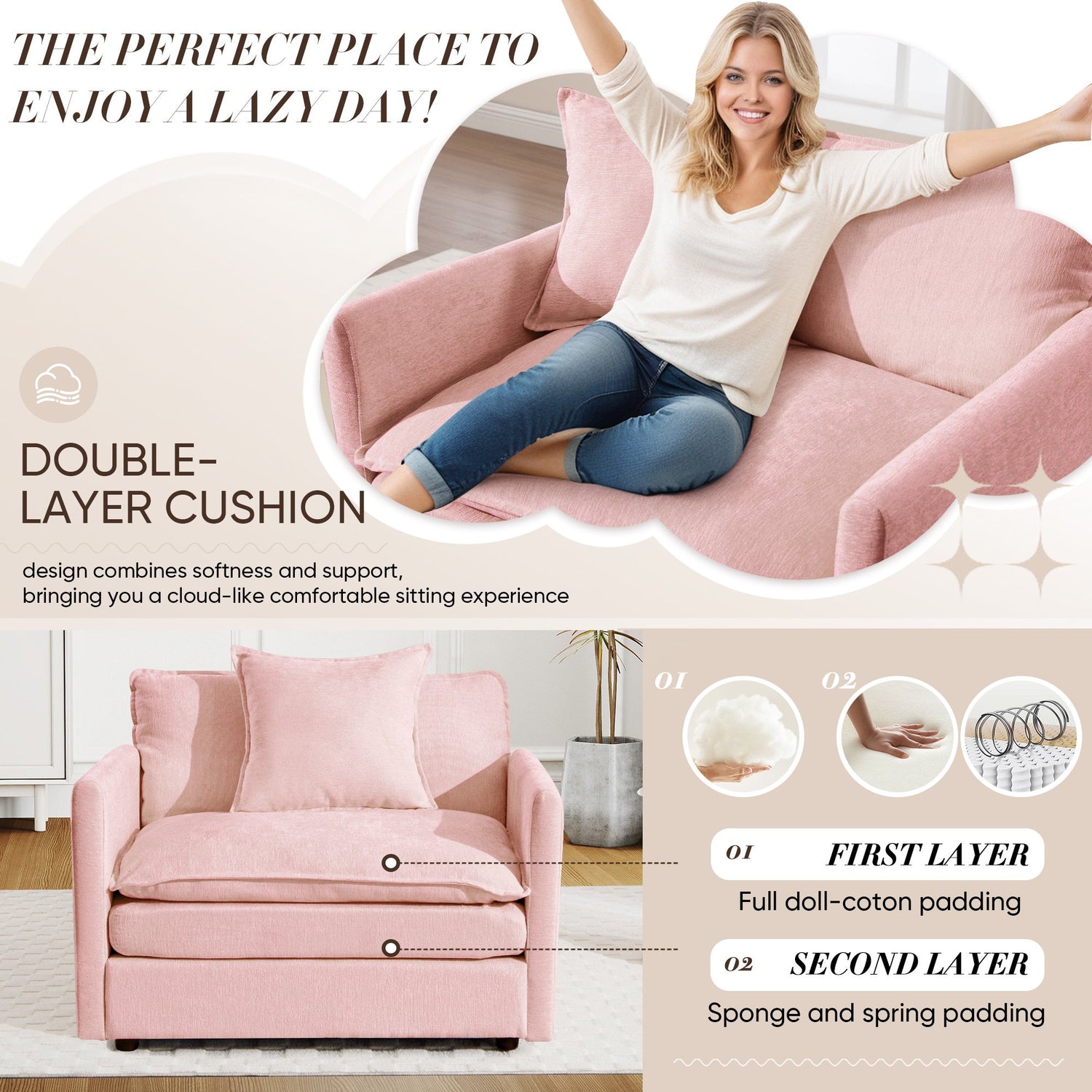 FFH Oversized Lounge Chair with Ottoman, Plush Cloud Accent Armchair for Living Room, Bedroom, Pink Chenille