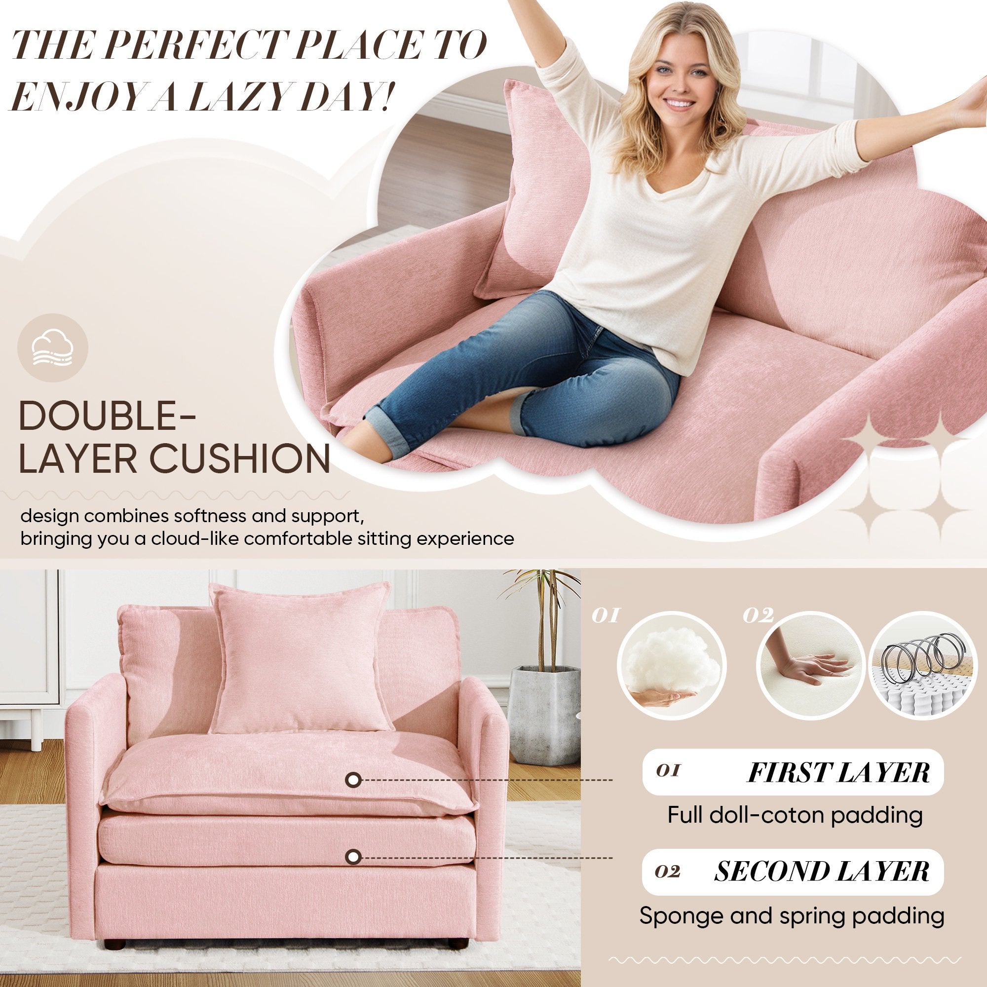 FFH Oversized Lounge Chair with Ottoman, Plush Cloud Accent Armchair for Living Room, Bedroom, Pink Chenille