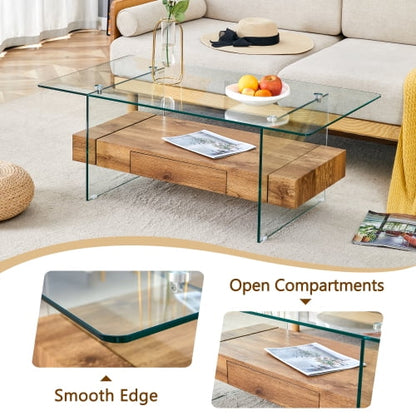 FFH 43.3 Inch Modern Coffee Table with Storage Drawer for Living Room,Clear Tempered Glass and Natural Wood Grain,Tea Table Suitable for Waiting Room,Side Coffee Table with Lower Shelf