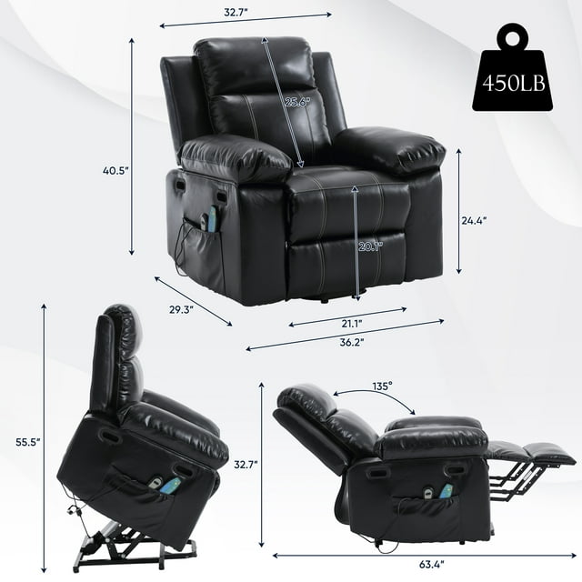 FFH Power Lift Recliner Chair Recliners for Elderly, Heat and Massage, PU Leather Sofa Chair for Living Room Bedroom, Black