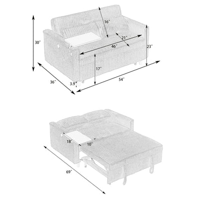 FFH 3 in 1 Convertible Pull Out Sofa with Tabletop &amp; USB Ports, Sleeper Sofa Bed with 2 Soft Pillows, Upholstered Comfy Lounge Corduroy Couch with 3-Level Adjustable Angle Backrest