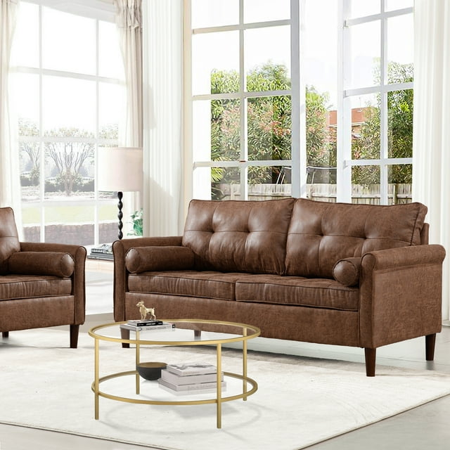 FFH 64.5 Inch Faux Leather Loveseat, 2 Seater Loveseat Sofa Couch for Living Room, Brown