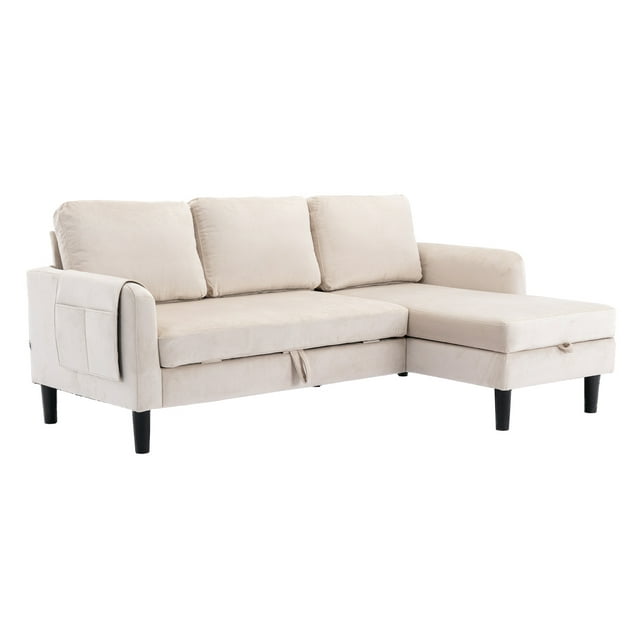 FFH Sectional Sleeper Sofa with Pull Out Bed, Modern Sectional Sofa with Storage Shaise, Pull Out Sofa Bed for Living Room, Beige Fabric