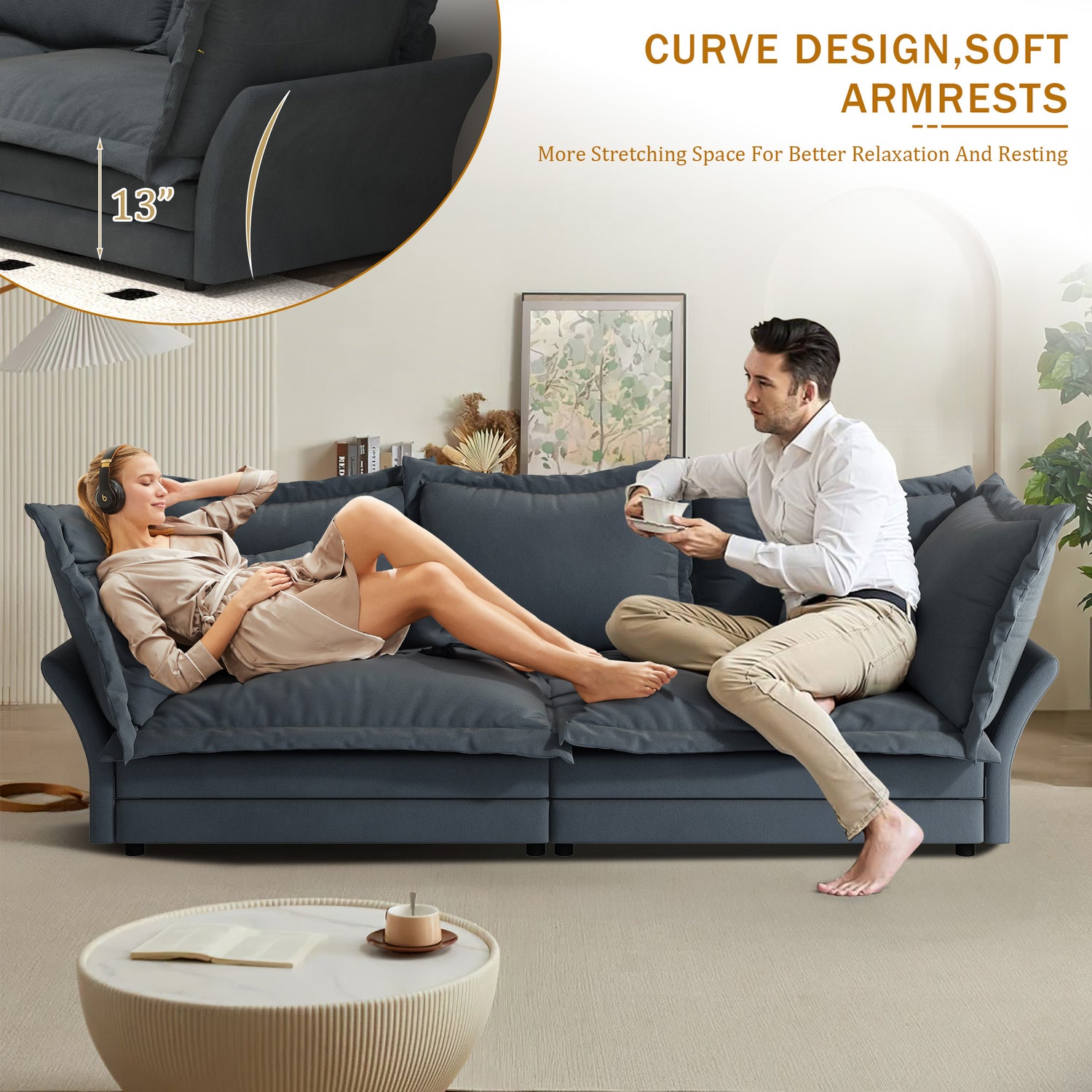 FFH 90.55&quot; Reversible Sofa, Modern Upholstered Velvet Cloud Couch with Soft Pillows, Comfy Lounge Sofa with Deep Seat for Living Room