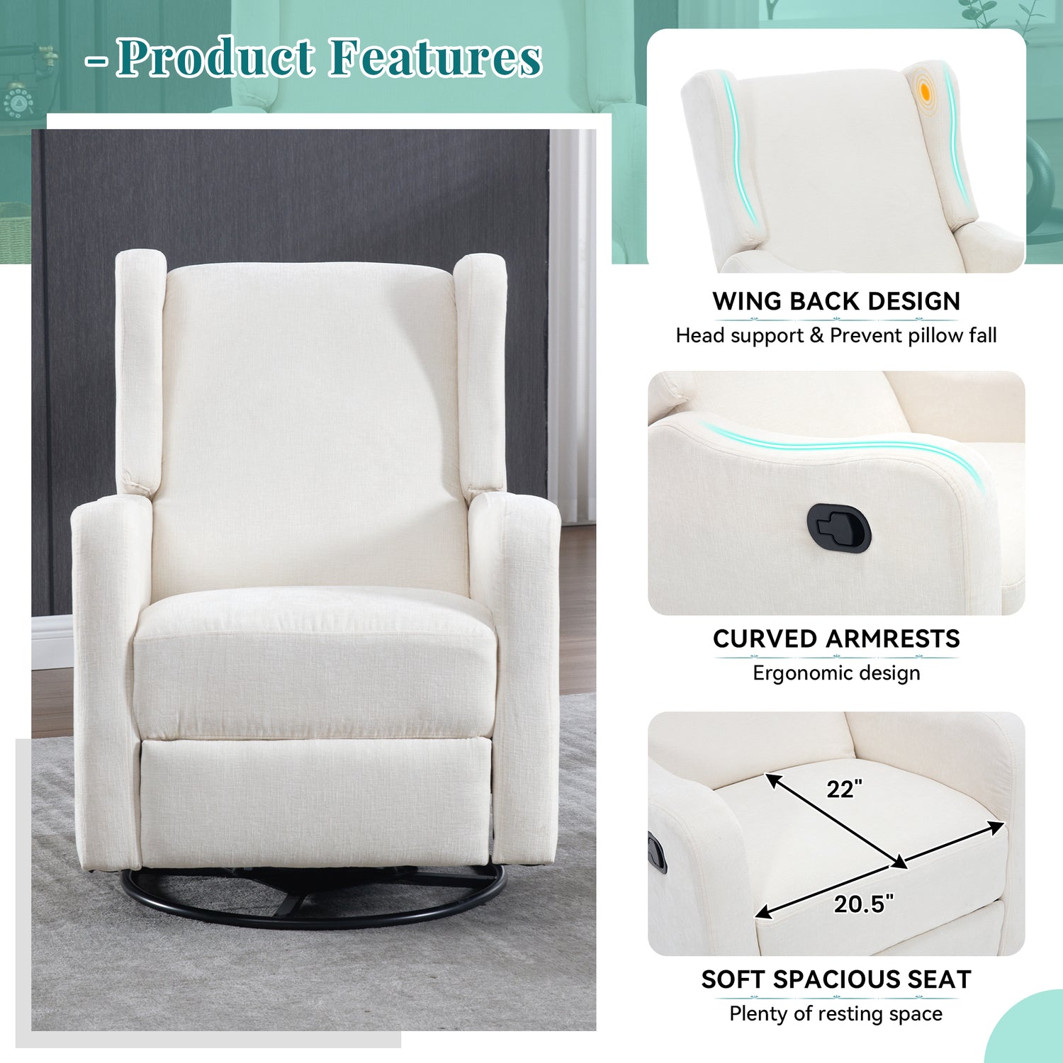 FFH Wingback Swivel Recliner, Glider Rocking Chair for Living Room, Nursery Rocker, Beige Chenille