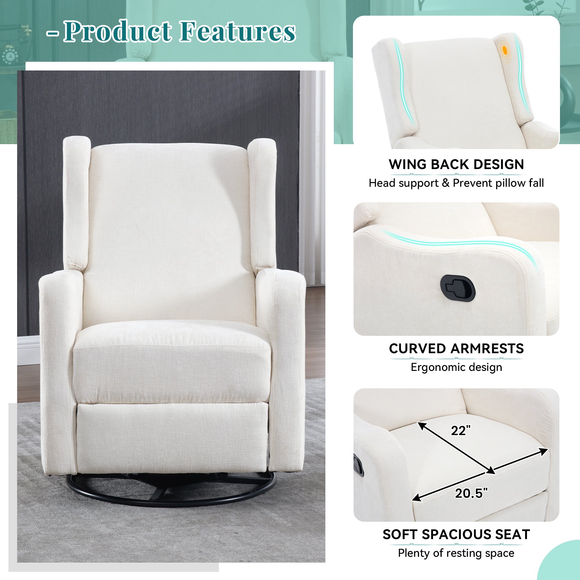 FFH Wingback Swivel Recliner, Glider Rocking Chair for Living Room, Nursery Rocker, Beige Chenille
