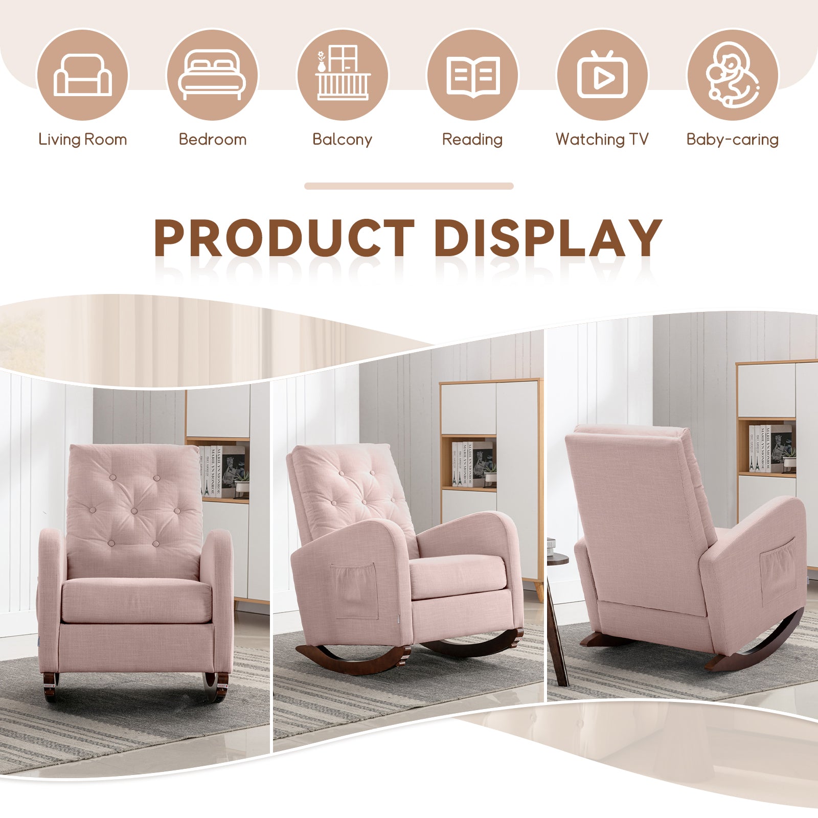 FFH Glider Rocker for Living Room, Rocking Chair for Nursery, Tufted High Back, Pink Linen