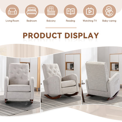 FFH Glider Rocker for Living Room, Rocking Chair for Nursery, Tufted High Back, Light Gray Linen