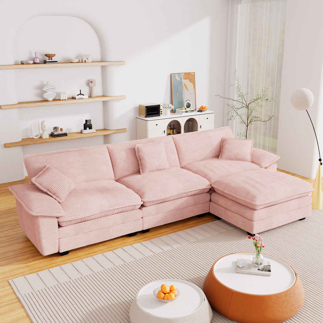 FFH Modular Sectional Cloud Couch with Ottoman, Oversized L-Shaped Corduroy Sofa for Living Room, Pink