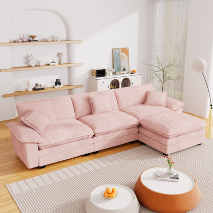 FFH Modular Sectional Cloud Couch with Ottoman, Oversized L-Shaped Corduroy Sofa for Living Room, Pink