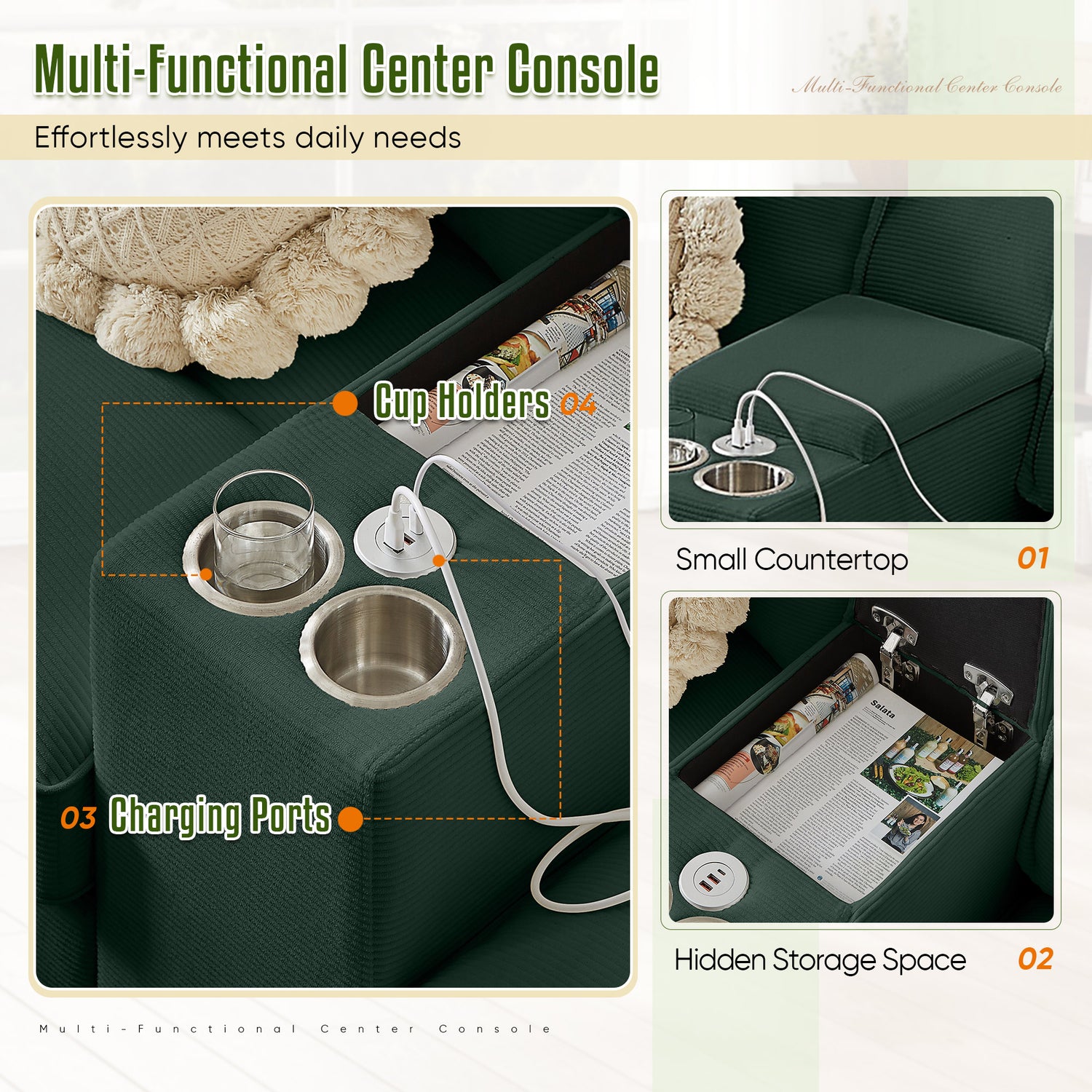 FFH 120&quot; U-Shaped Sectional Sofa with USB &amp; Storage, Living Room 4-Seater Couch with Double Chaise Lounge, Cup Holders, Green Corduroy