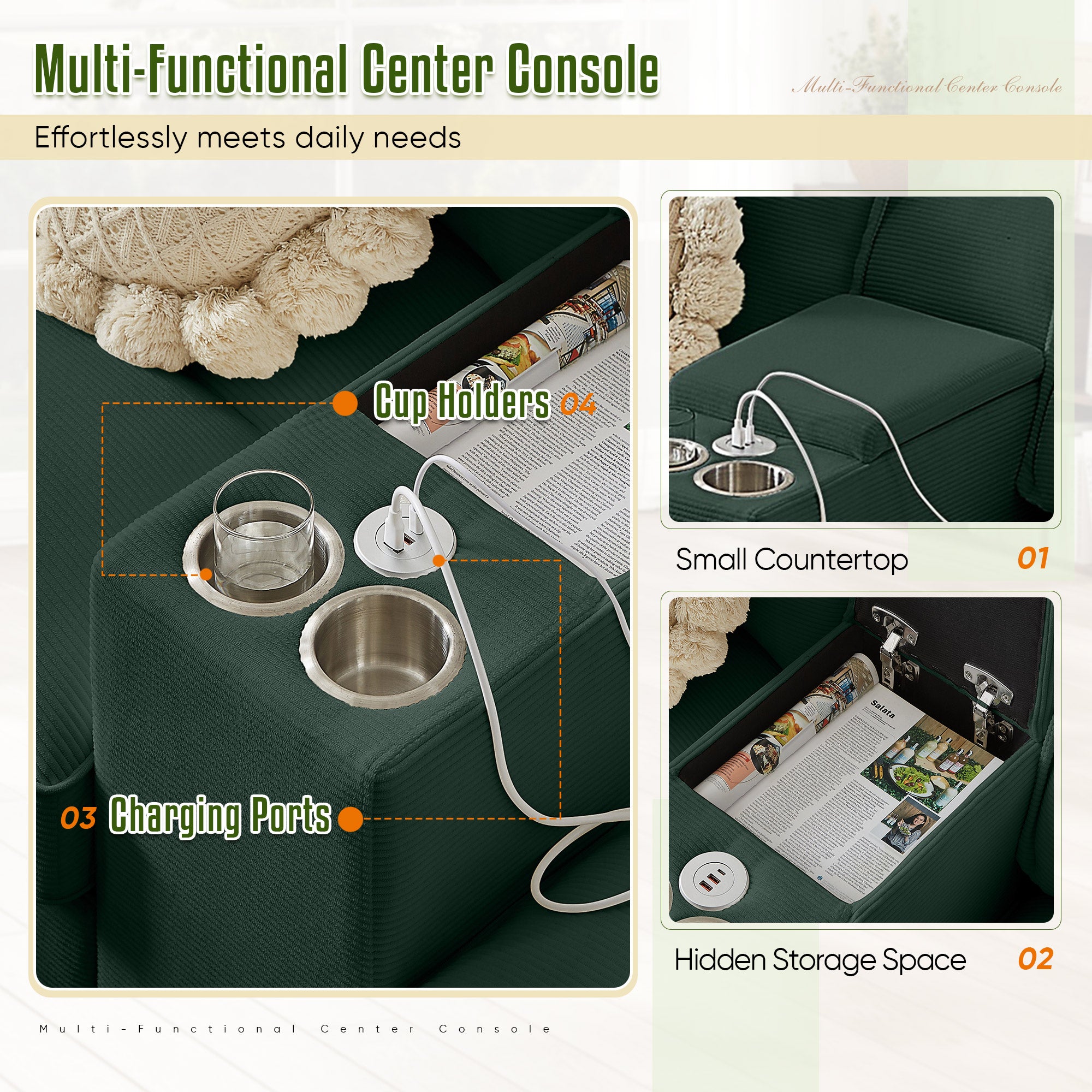 FFH 120&quot; U-Shaped Sectional Sofa with USB &amp; Storage, Living Room 4-Seater Couch with Double Chaise Lounge, Cup Holders, Green Corduroy